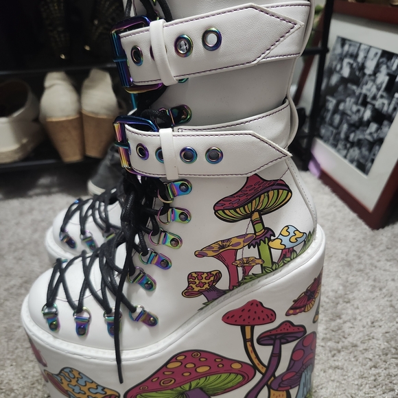 Dolls Kill Shoes - Dolls Kill White Platform Mushroom Print Lace-Up Buckle Boots